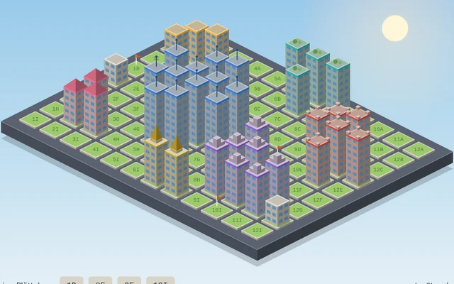 Screenshot des Spiels Baulöwe: ein schräg von oben gesehenes Spielbrett mit bunten Hoteltürmen in einer Stadt