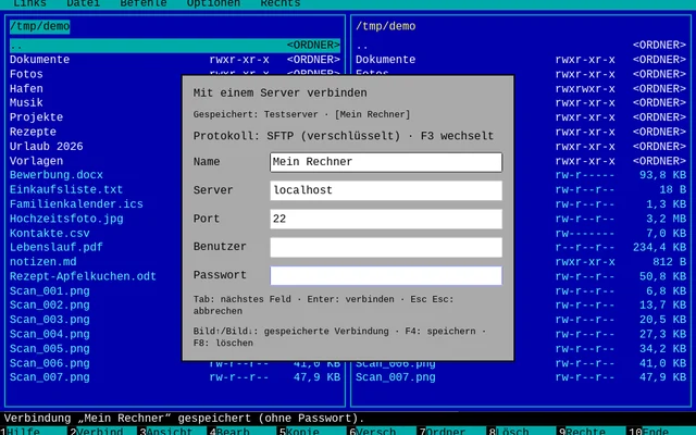 Screenshot des Fährmann: zwei Dateipanels im Norton-Commander-Stil mit einem Dialog zum Verbinden mit einem Server