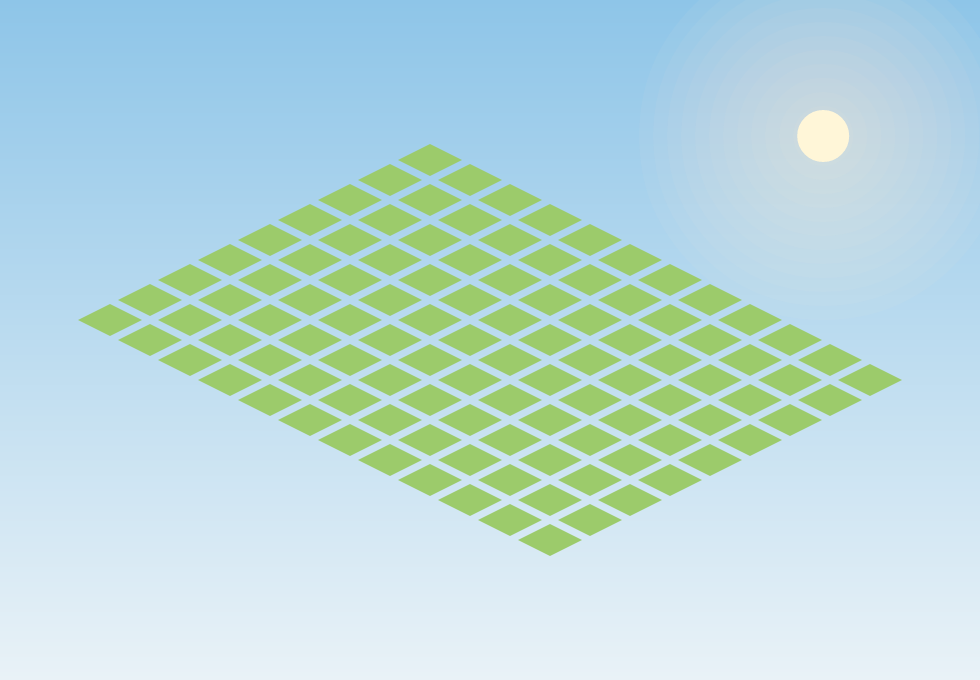 Ein schräges Gitter aus grünen Rauten unter einem blauen Himmel mit Sonne