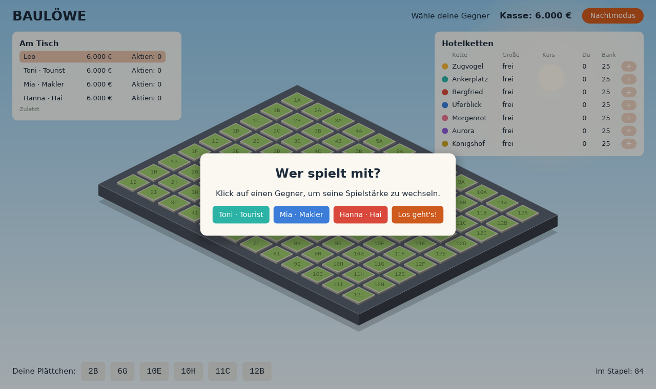 Die Karte Wer spielt mit mit drei farbigen Knöpfen für Toni, Mia und Hanna und dem Knopf Los gehts