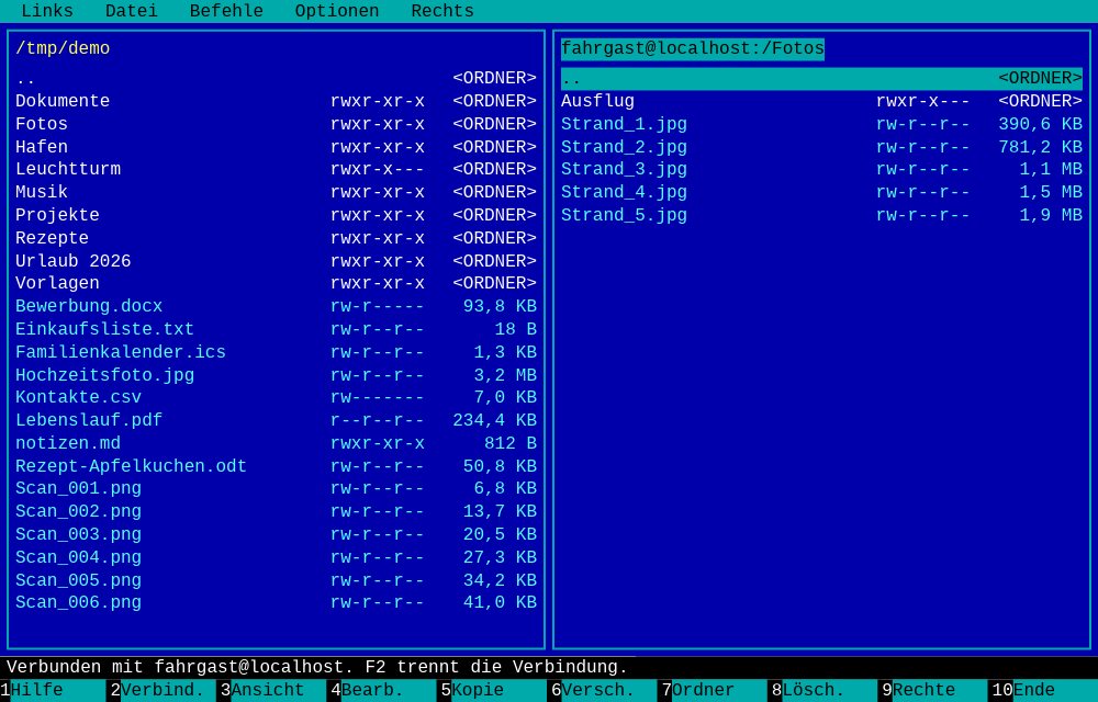 Der Fährmann, rechts mit dem Inhalt des FTP-Servers und dem Kopf fahrgast@localhost:/Hafen